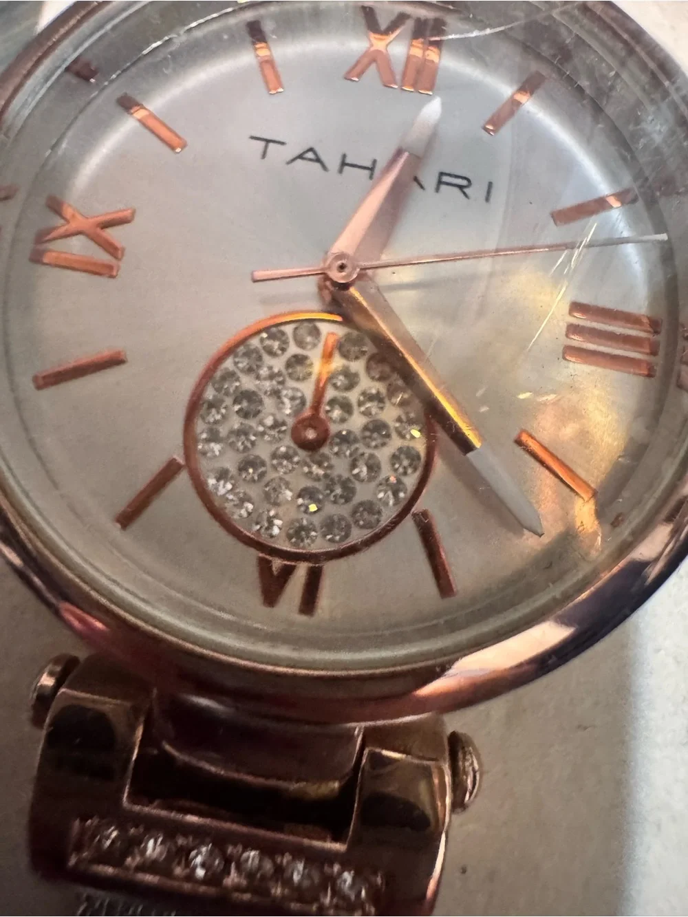 Tahari Rose Gold Mesh Bracelet Crystal Accent Women's Watch